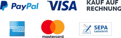 Paypal, Visa, Kauf auf Rechnung, American Express, Mastercard, SEPA Lastschrift